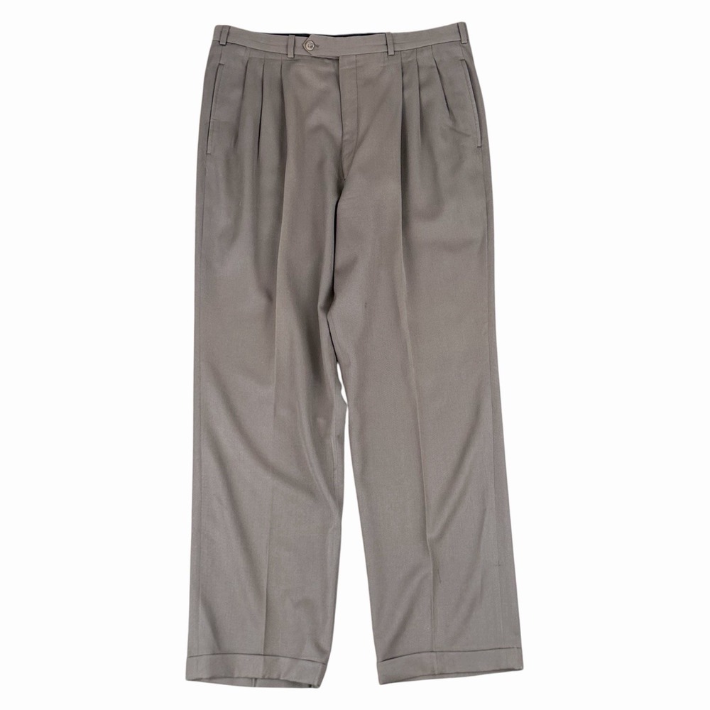 Vintage Mens Double Pleated Dress Pants Olive Wool Blend Cuffed Trousers 36x32